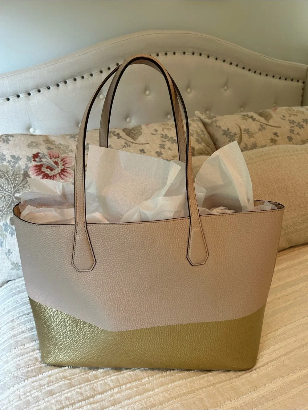 Tory Burch Perry Colorblock Pebbled Leather Tote Blush Pink And Gold EUC